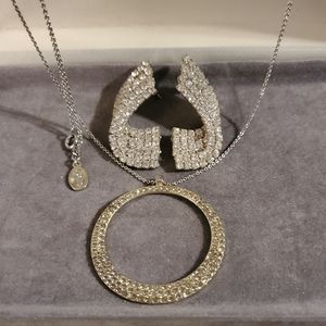 Vintage Jewelry Set : Vintage Necklace Signed Loft, Earrings Rhinestones, Icy